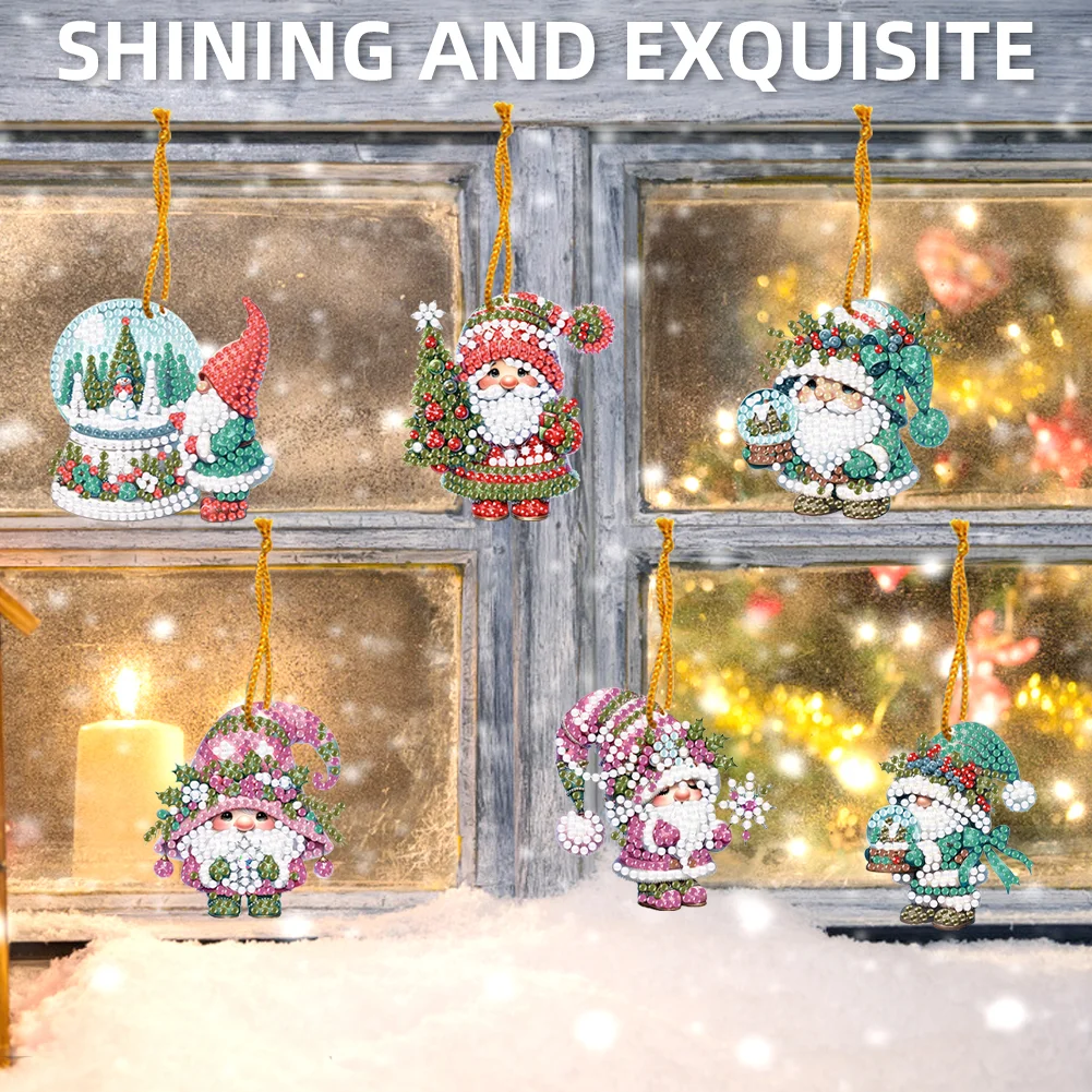 6pcs Xmas Gnome 2D Flat DIY Diamond Painting Art Pendant Wall Door Decoration