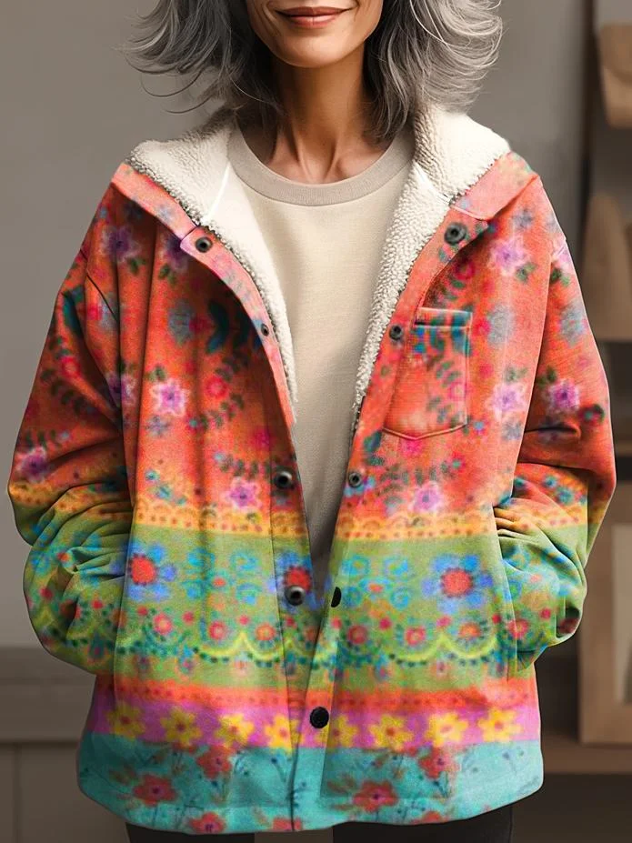Women's Floral Patchwork Art Print Waffle Plush Thickened Long-sleeved Hooded Jacket