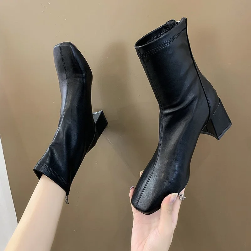 Online celebrity Martin boots for women British style 2024 autumn and winter new square toe chunky heel thin boots back zipper short boots for women Wholesale-MERUMOTE