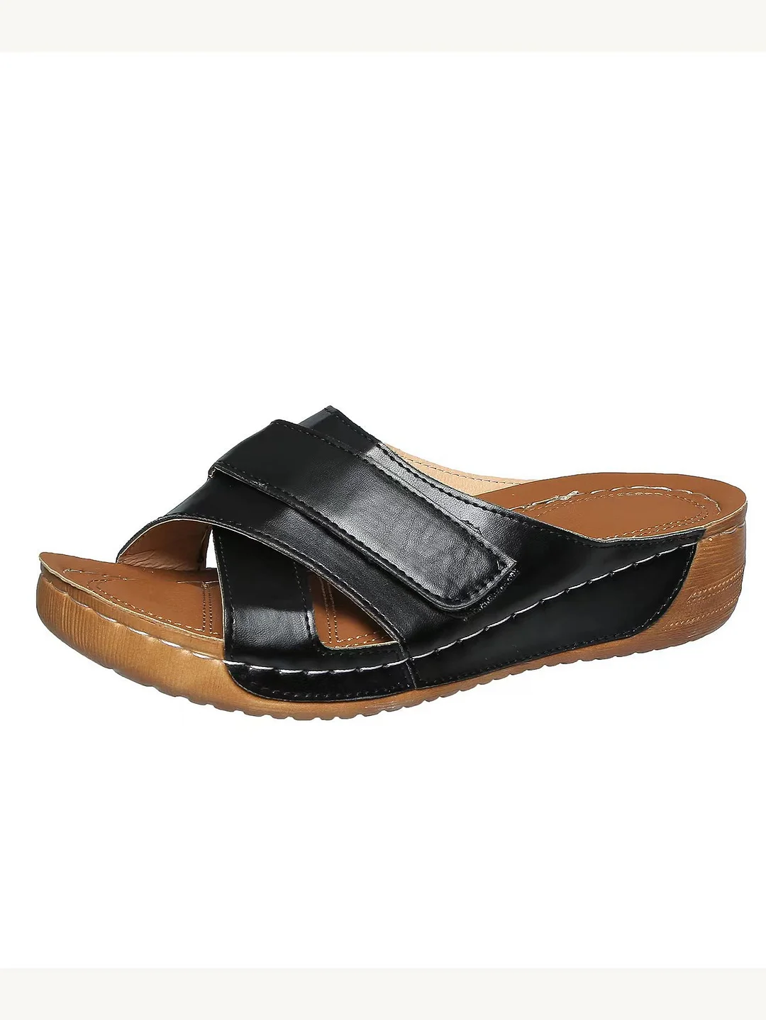 Tanguoant Tanguoant Thick Bottom Hollow Slippers Female Large Size Leisure One Foot Pedal Stitching Solid Color Sandals Black