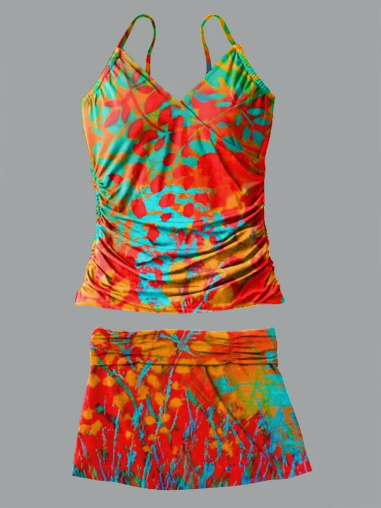Abstract Rendering Plant Pattern Print Suspender Skirt Bikini V Neck Suit Swimsuit