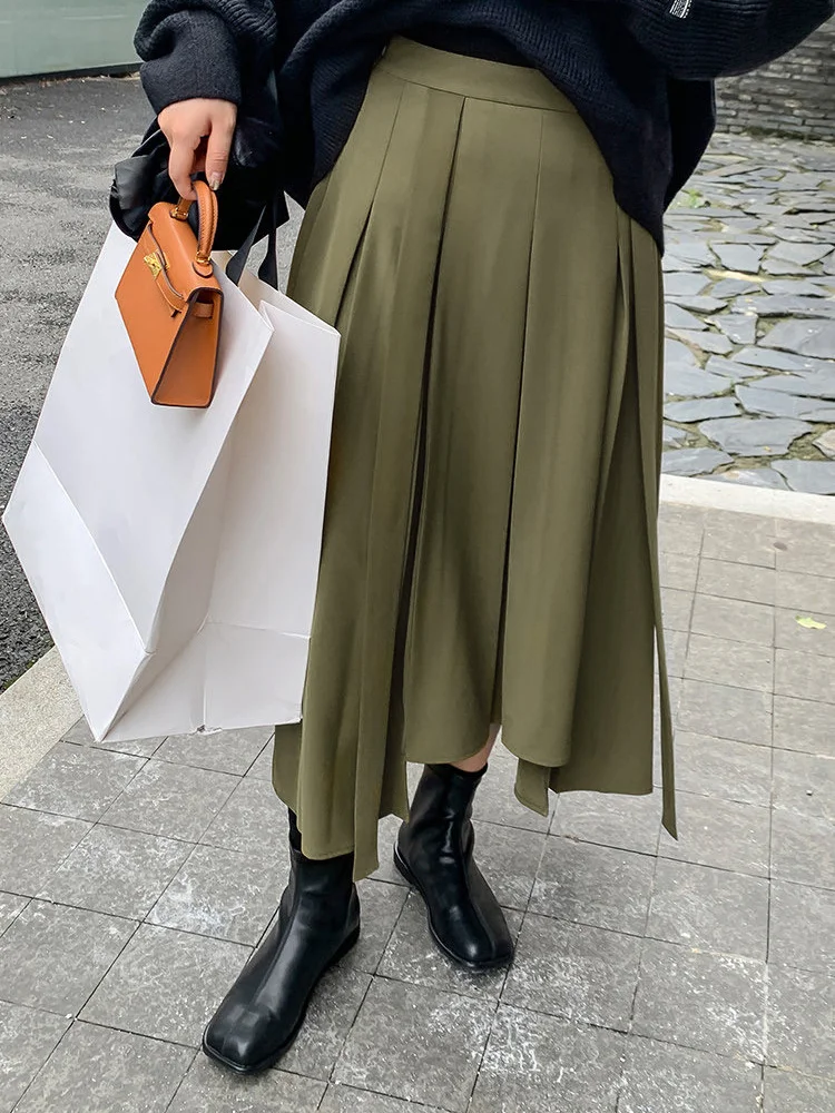 Toloer Casual Korean Fashion Skirt For Women High Waist Loose Fold Pleated Solid Midi Skirts Female Spring Clothing Style