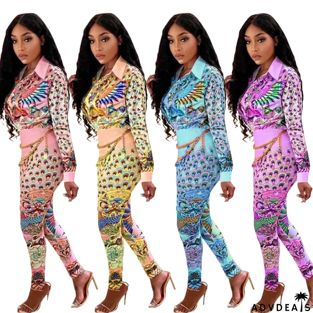 Autumn Print Retro Elegant Blouse and Pants Two Piece Set