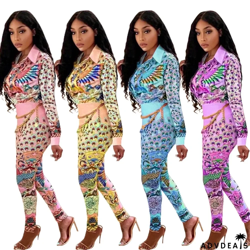 Autumn Print Retro Elegant Blouse and Pants Two Piece Set