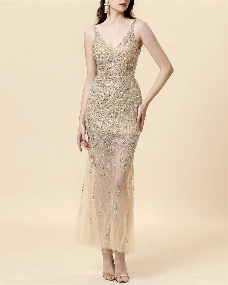 Women's Gold V-neck Sequined Mesh Dress