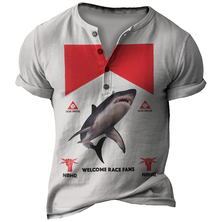 Men's Vintage Marlboro Ocean Beach Whale Print Henley Neck T-Shirt