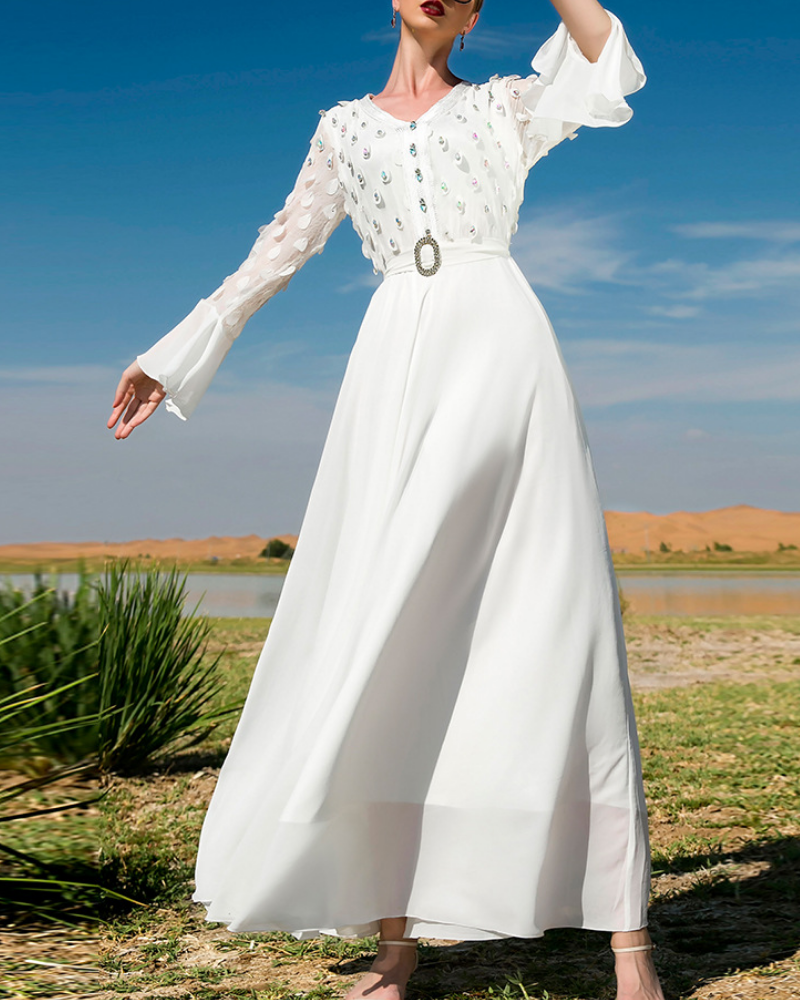 White embossed three-dimensional embroidery colorful rhinestone long dress