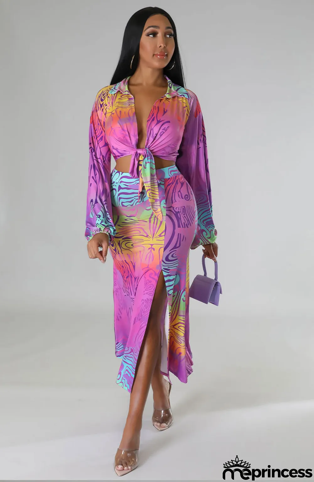 Fashion Spring Casual Print Long Sleeve Two-Piece Women's Skirt Set