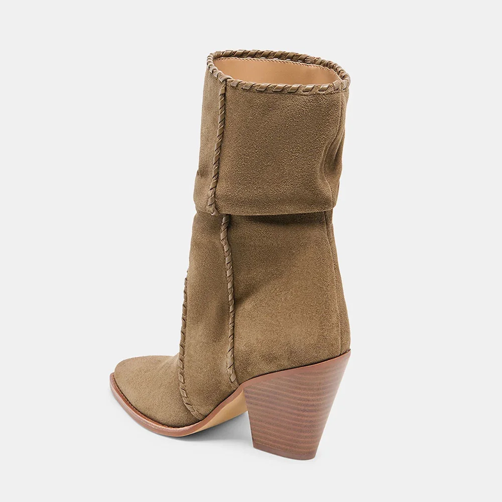 Brown Pointed Toe Chunky Heel Slouchy Pleated Pull On Boots for Women