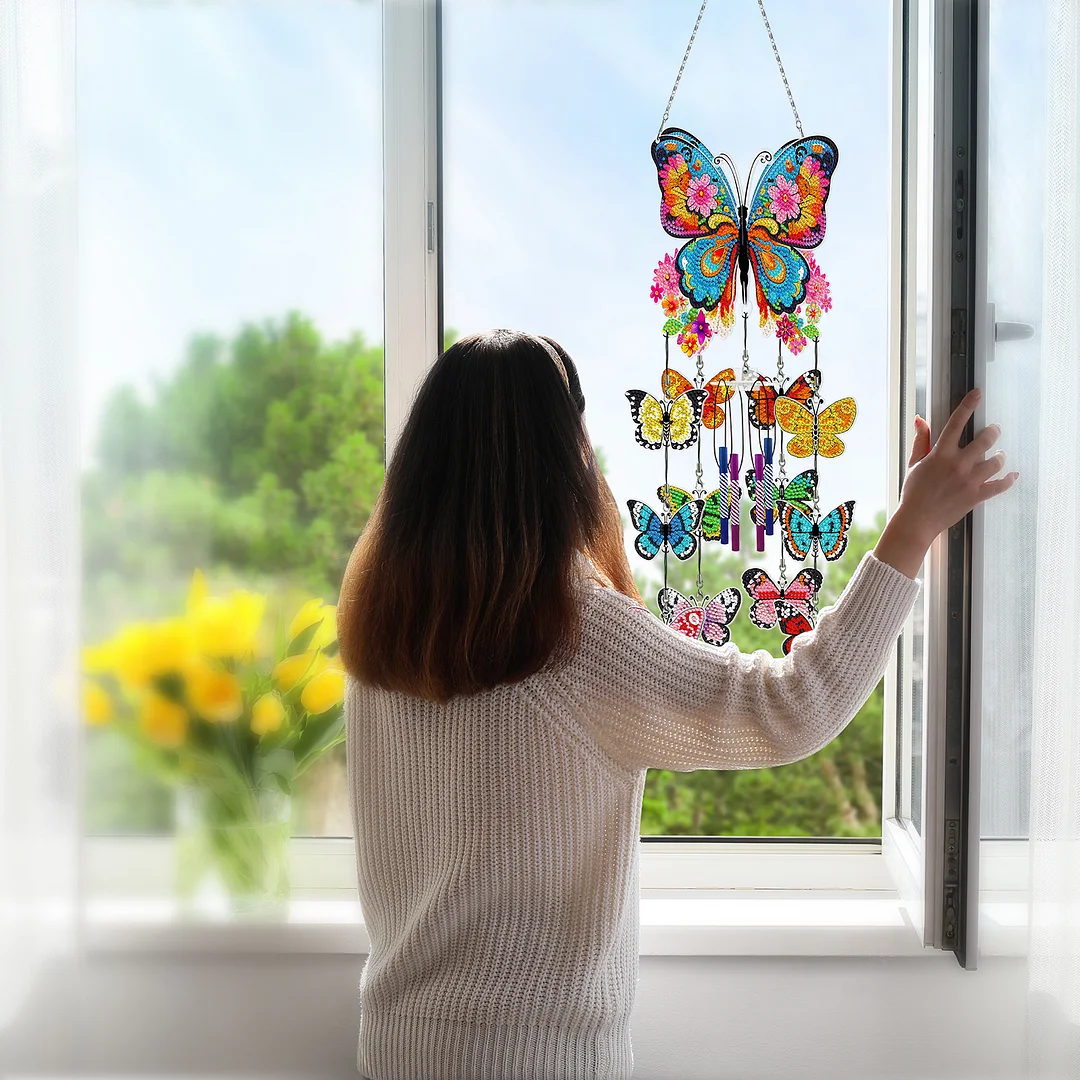 DIY  Flower Butterfly Double Side Wind Chime Diamond Art Hanging Pendant Home Decor