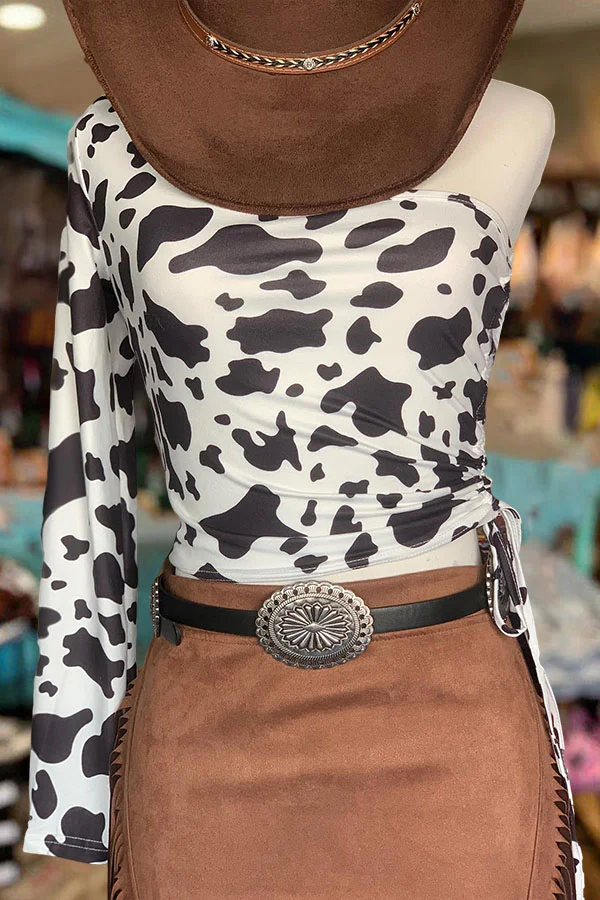 One-Shoulder Cow Print Drawstring Top-0520