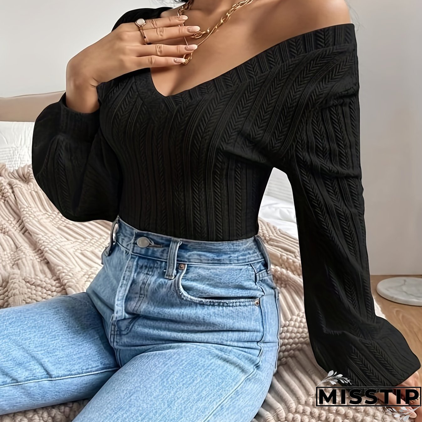 Solid Bishop Sleeve T-Shirt, Casual V-neck T-Shirt For Spring & Fall, Women's Clothing