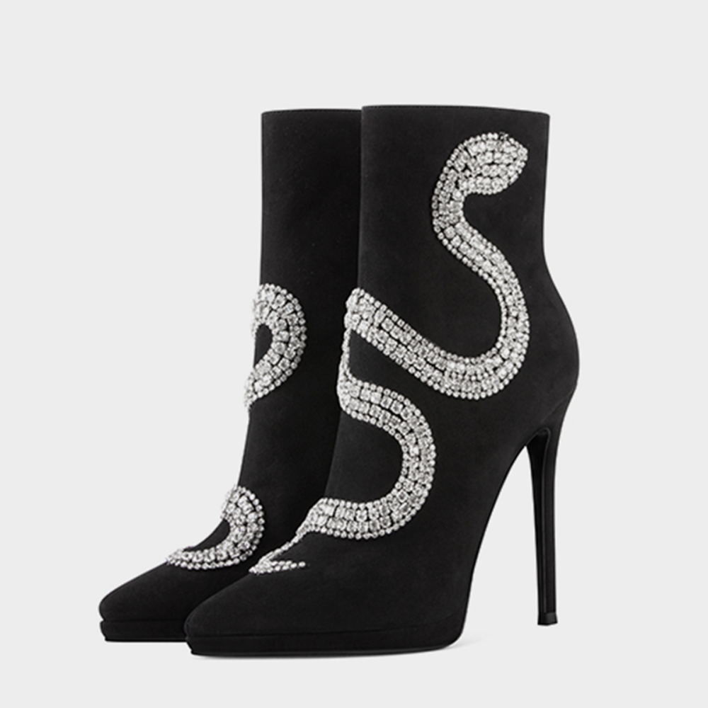 Black Vegan Suede Rhinestone Snake Pattern High Heel Boots with Zip Nicepairs