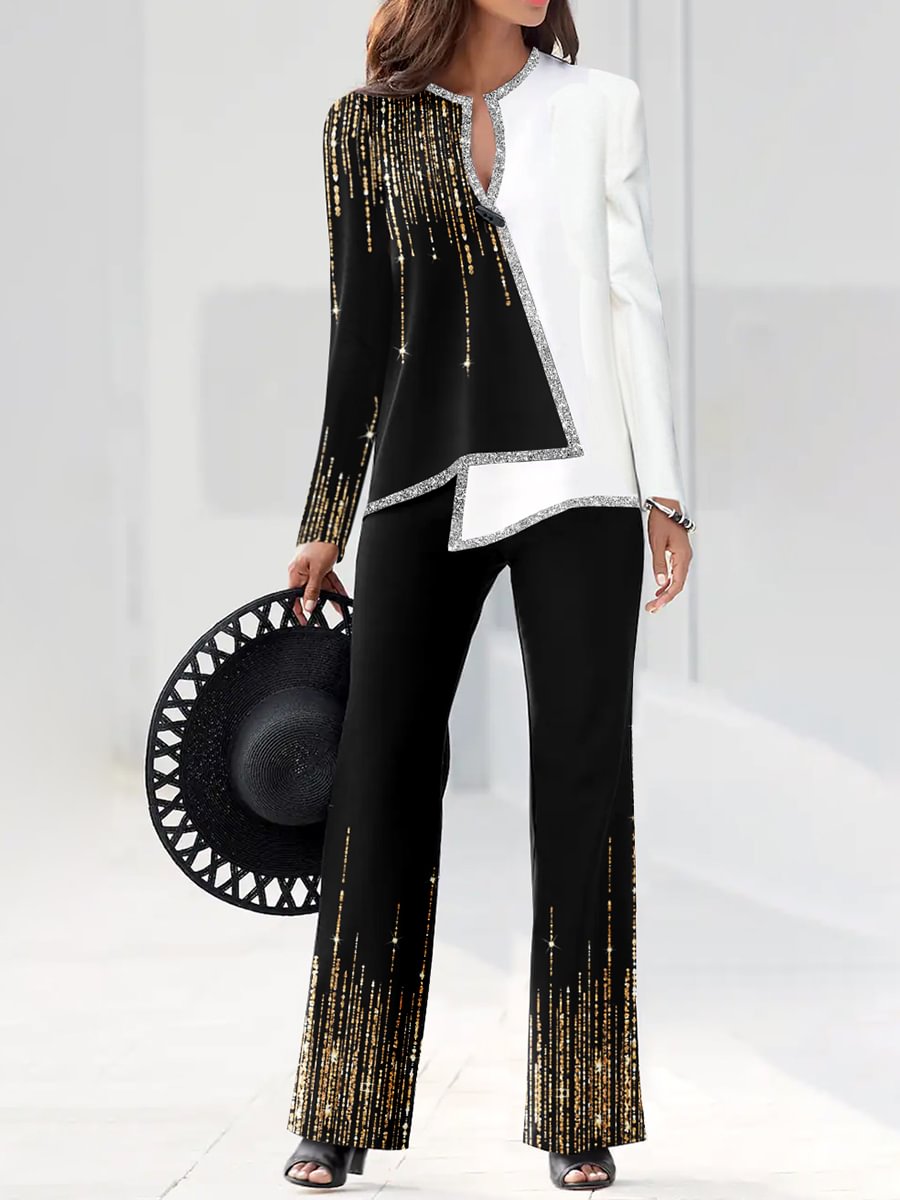 Ladies' Elegant Simple Linear Bronzing Black And White Color Contrast Formal Suit
