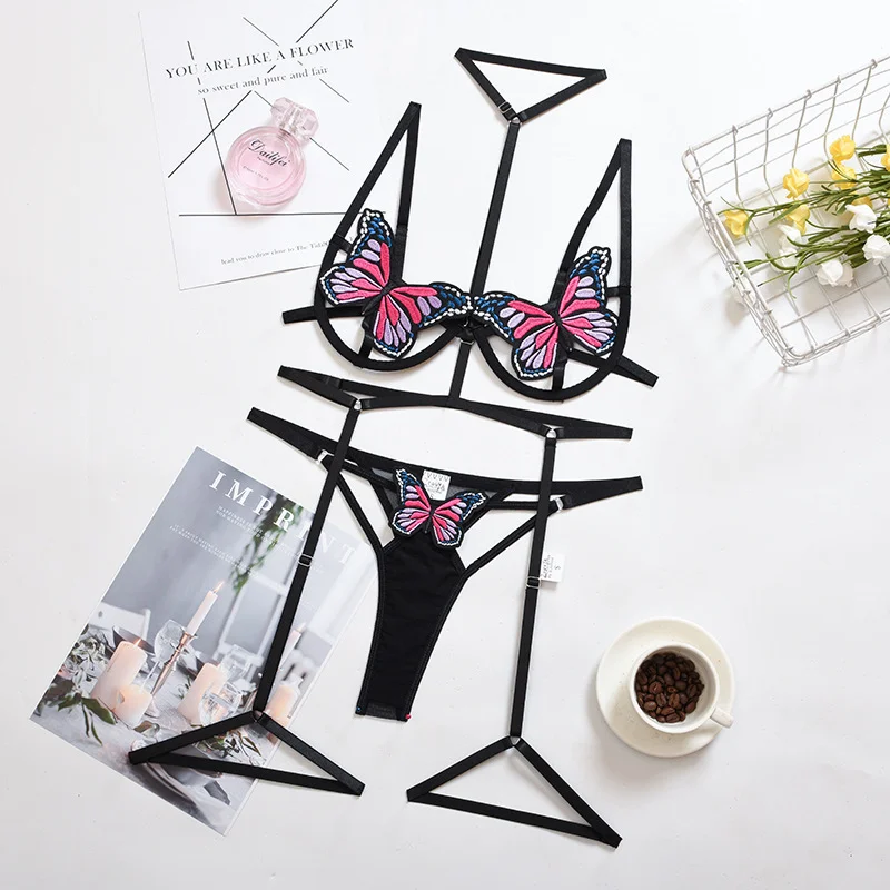 Brownm Products New Sex Underwear Sexy Hollow Butterfly Three-Piece Set Direct Sales
