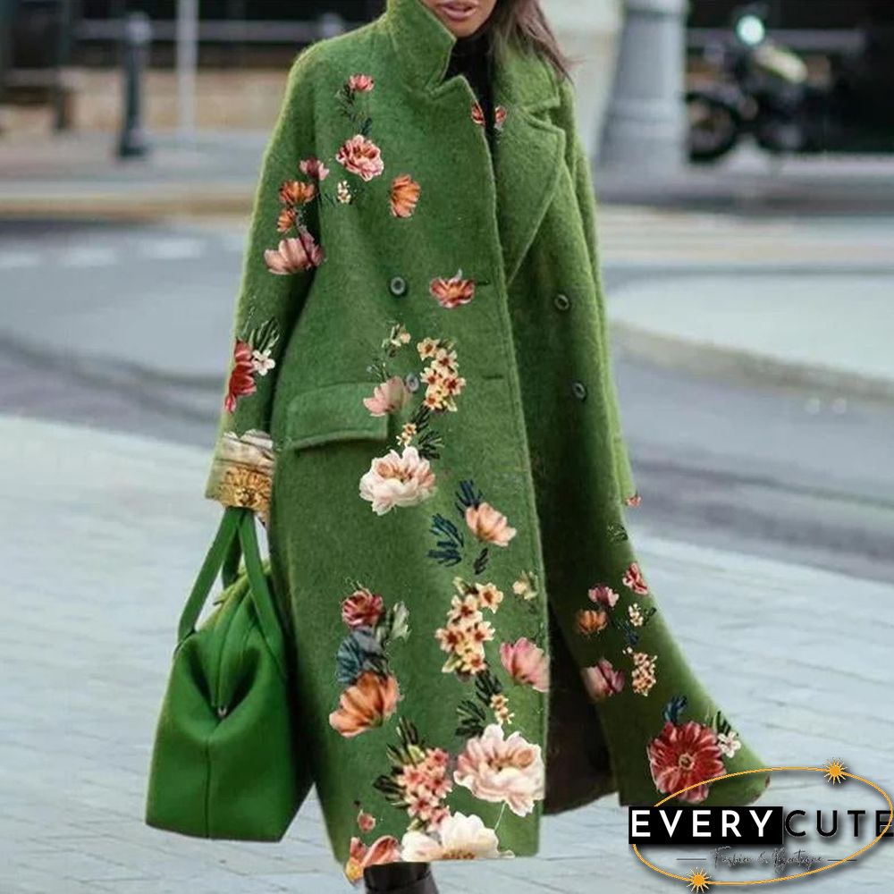 Notched Lapel Green Flower Pattern Coat