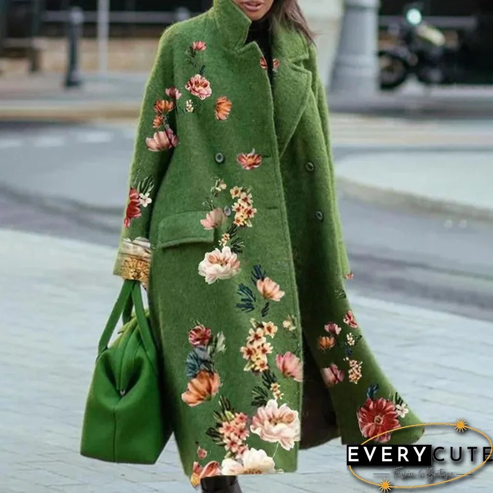 Notched Lapel Green Flower Pattern Coat