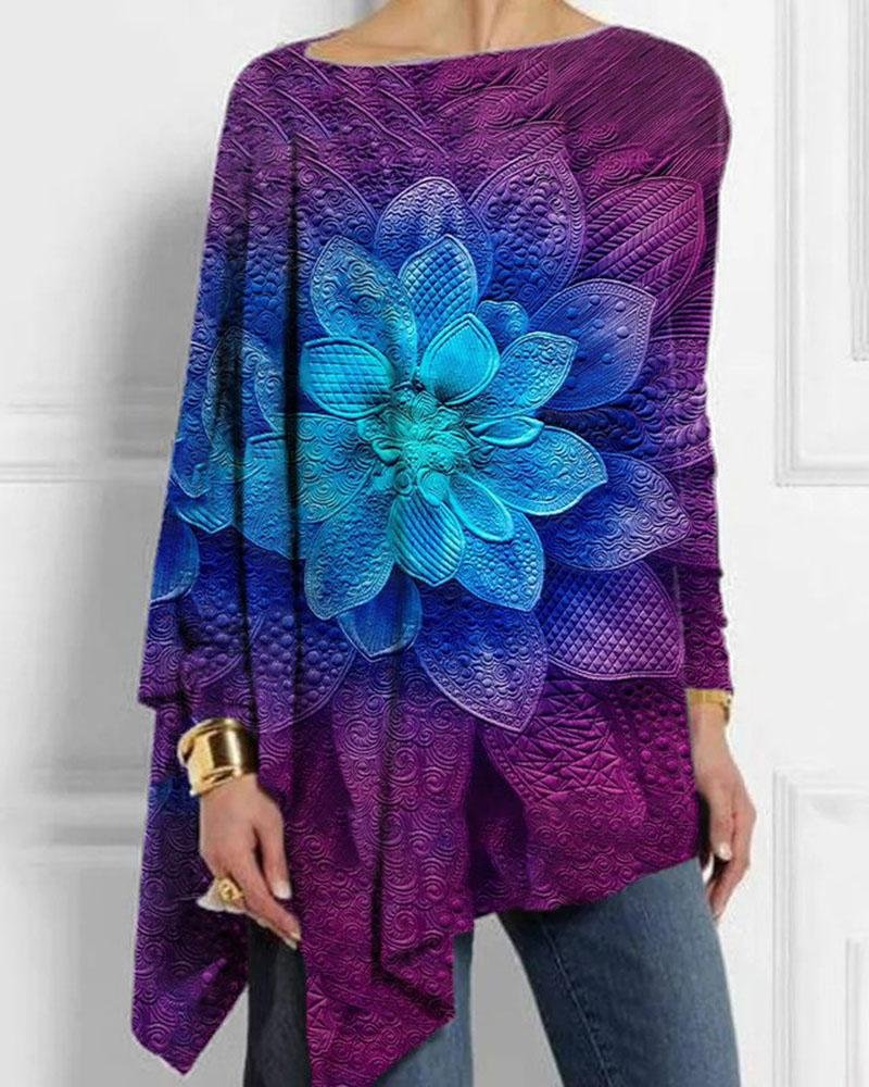 Women's tie-dye printed casual long-sleeved T-shirt-121423