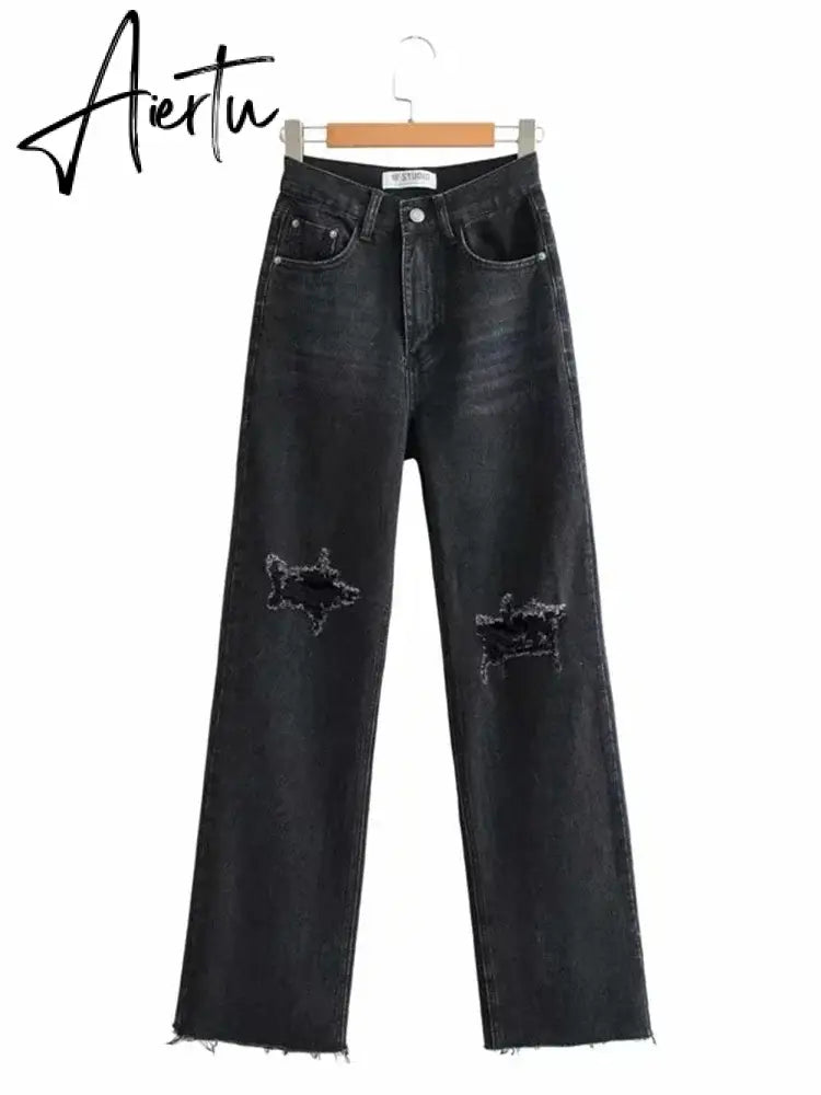 Ripped Jeans For Women  Streetwear Straight Denim Pants High Waist Long Denim Trousers Women Hollow Out Jeans Aiertu