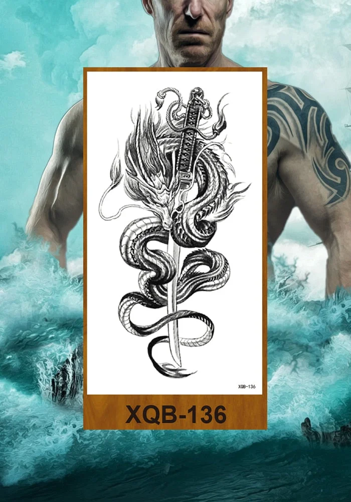 Temporary Flower Arm Tattoos Stickers Samurai Sword Dragon Snake Totem Men Women Girls Chest Fake Tatoo Drop Shipping DIY