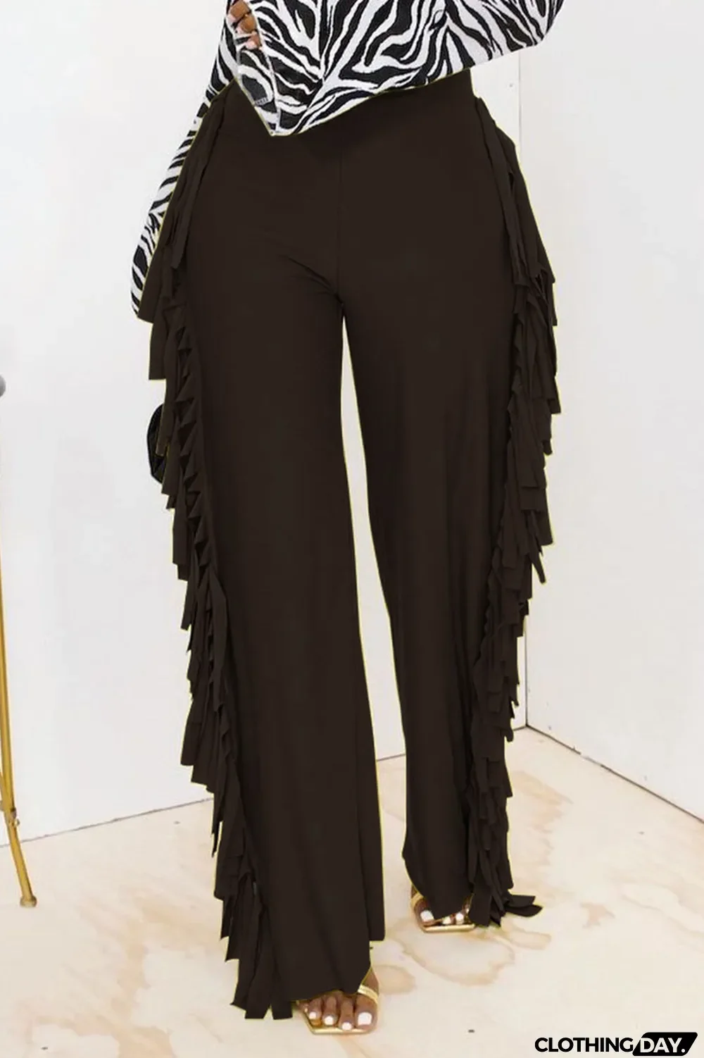 Champagne Fashion Solid Tassel Straight High Waist Straight Solid Color Bottoms