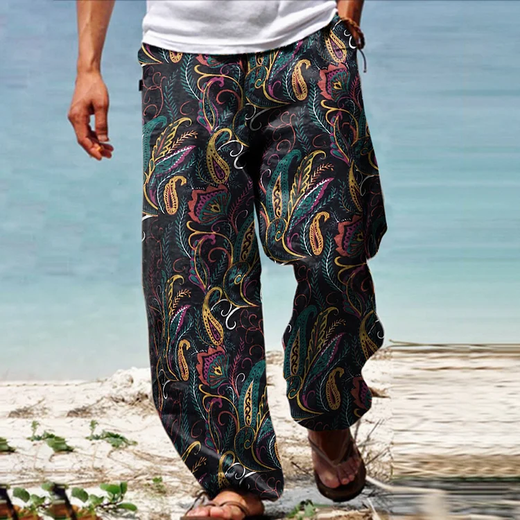 Men's Linen Western Ethnic Irregular Boho Print Double Pocket Stretch Loose Pants 2c33