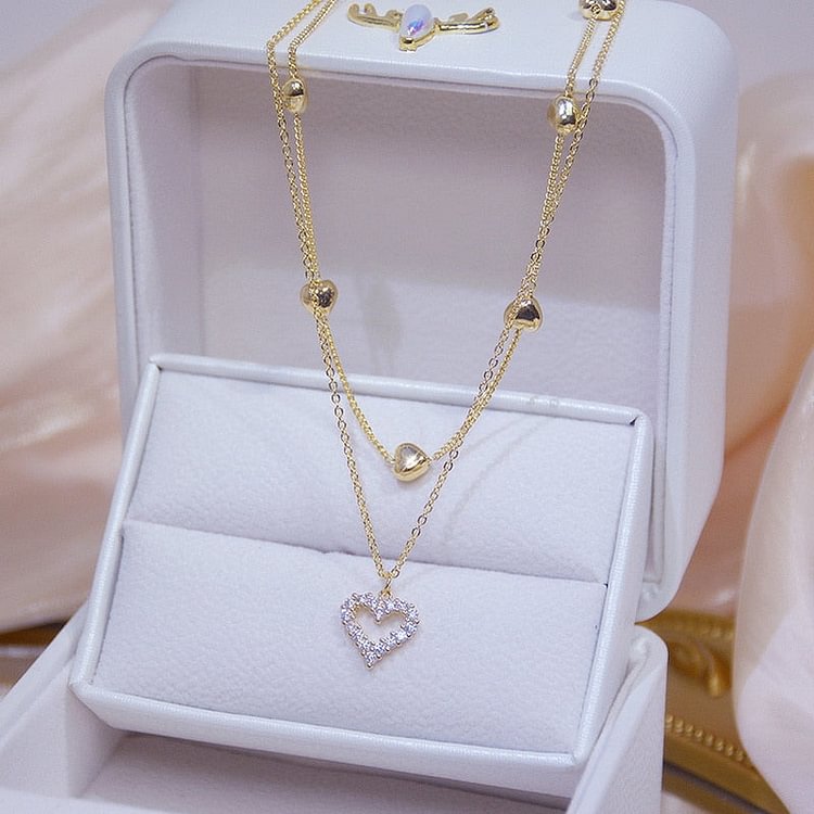 YOY-Gold Color Double Layer Heart Necklace