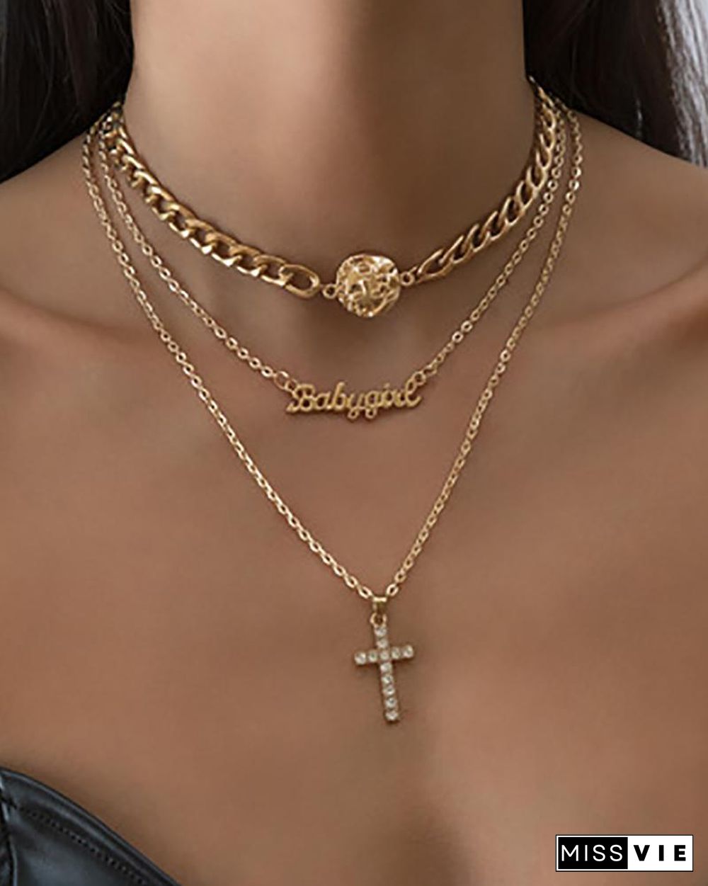 3PCS Coin & Letter & Studded Cross Pendant Layered Necklace