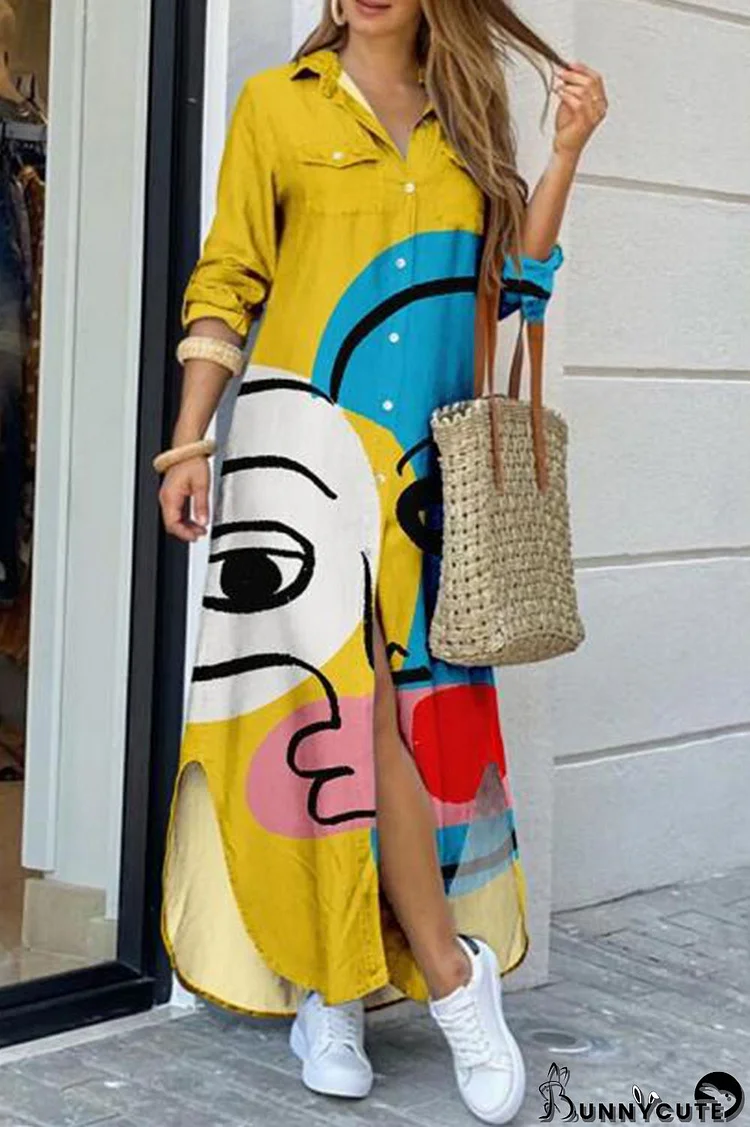 Yellow Fashion Casual Print Slit Turndown Collar Shirt Dress