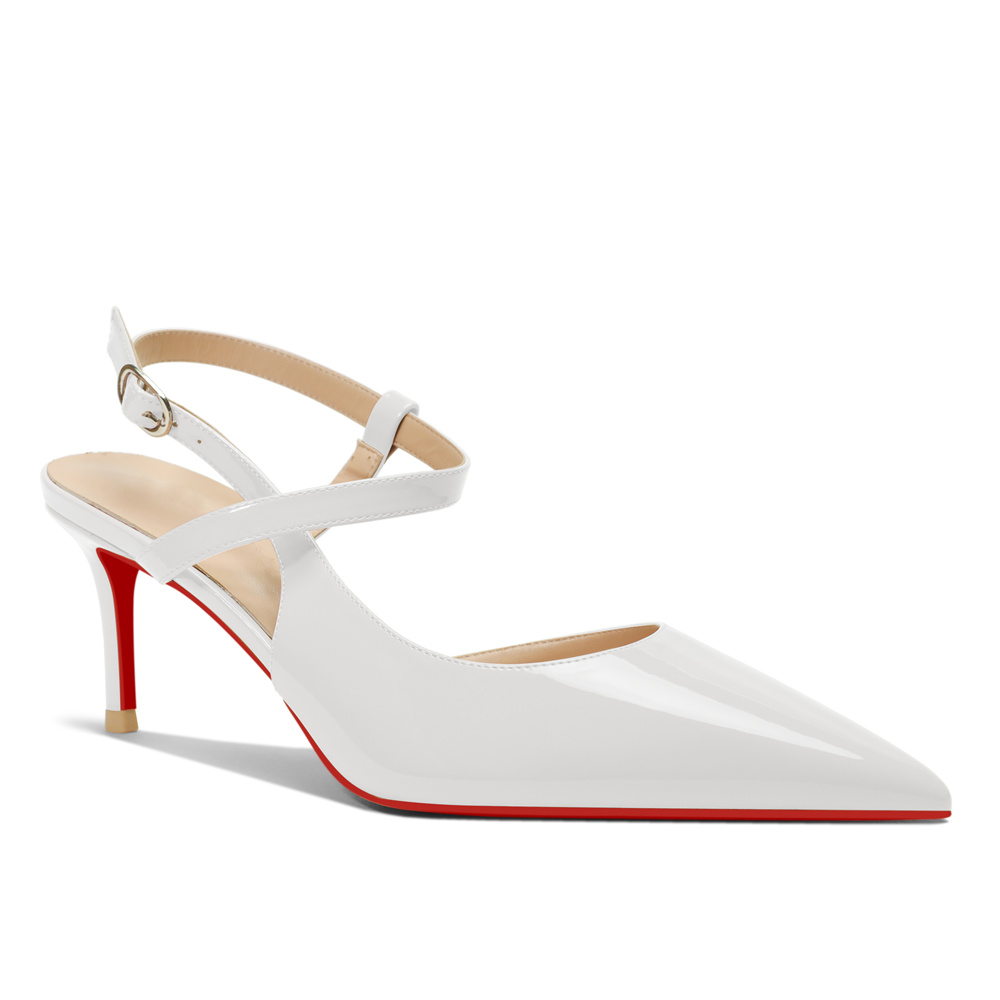 65mm Women Slingback Red Bottom Pumps Ankle Buckle Jenlove Stiletto Mid Heel Close Pointed Toe Dress Red Soles Sandals Shoes-MERUMOTE