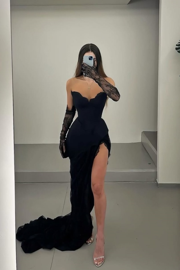 Sexy Fashion Black Split Evening Dress With Lace Gloves | ZT0416