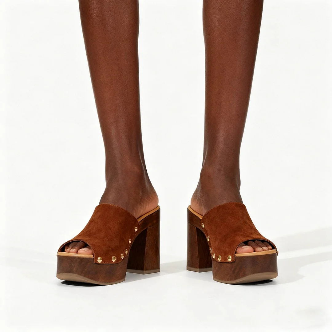 Brown Vegan Suede Open Toe Studded High Heel Mules with Platform