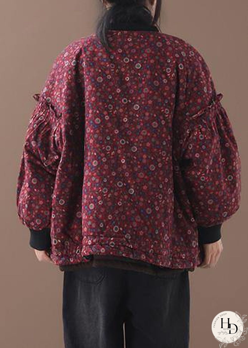 women plus size down jacket zippered outwear red floral patchwork o neck short coats