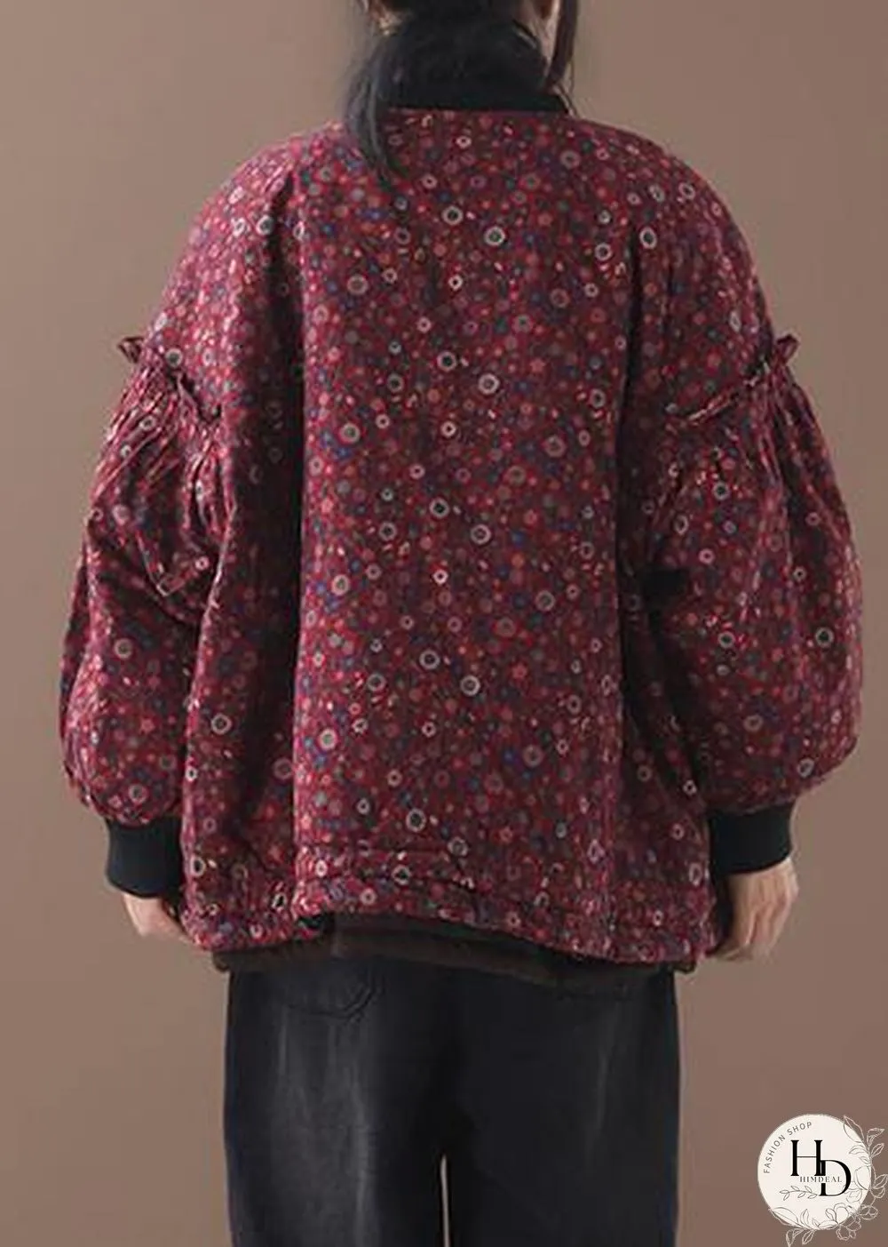 women plus size down jacket zippered outwear red floral patchwork o neck short coats