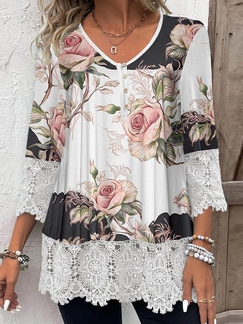 Women plus size clothing Women 3/4 Sleeve V-neck Floral Printed Graphic Lace Button Tops-Nordswear