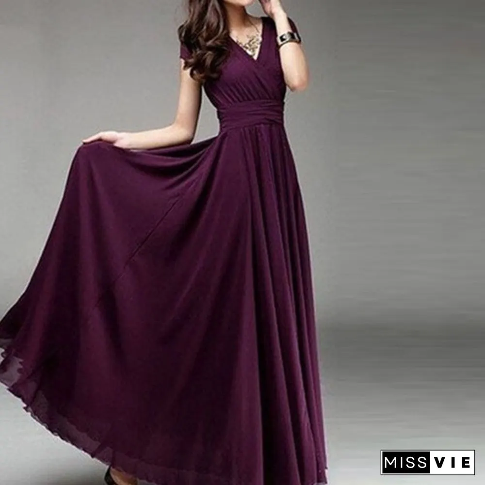 Womens Fashion Spring Summer Autumn Bohemian Maxi Dress Beach Evening V-Neck Sexy Women
