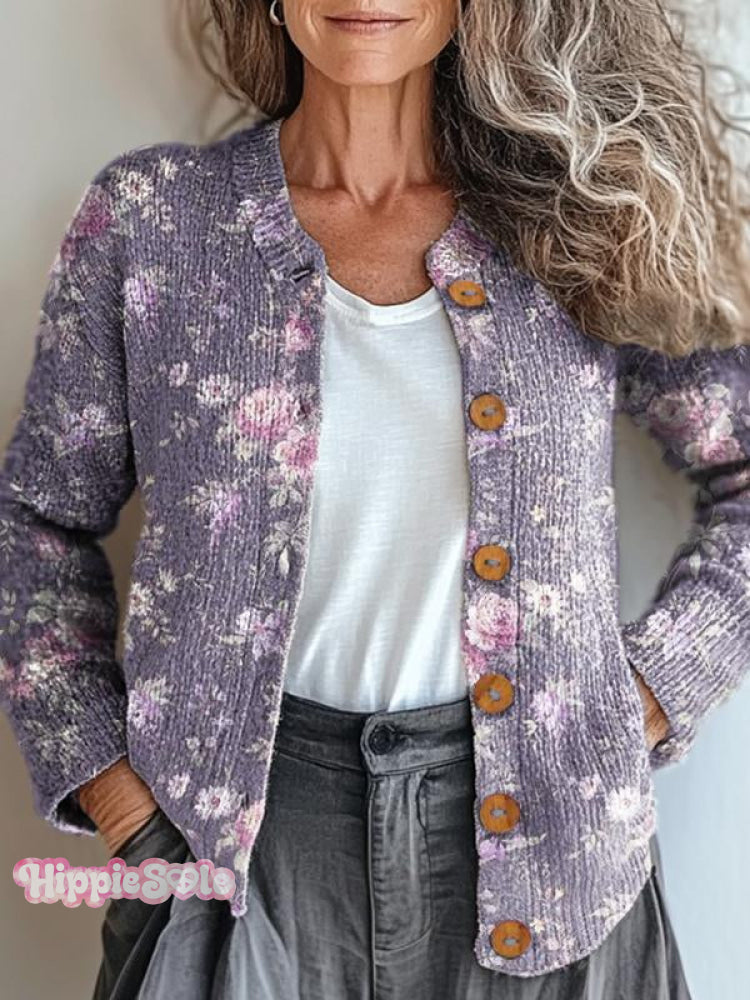 Women’s Bohemian Floral Art Print Casual Button Cardigan Sweater Multicolor / S