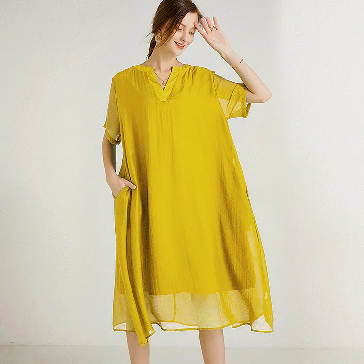 Simple Solid Color Double Layer Short Sleeve Midi Dress