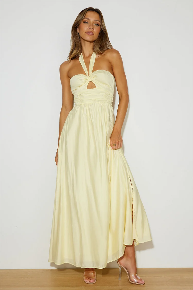 Tied Up Halter Neck Cutout Pleated High Slit Satin White Wedding Guest Maxi Dresses