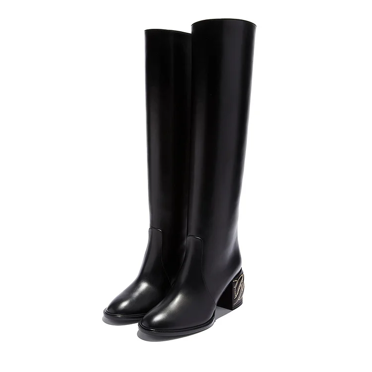 Black Block Heel Boots Knee High Boots |FSJ Shoes