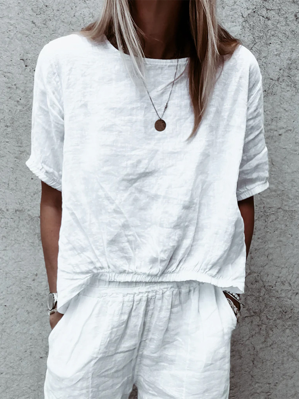 White Crew Neck Short Sleeve Linen Top hjn Shicloths