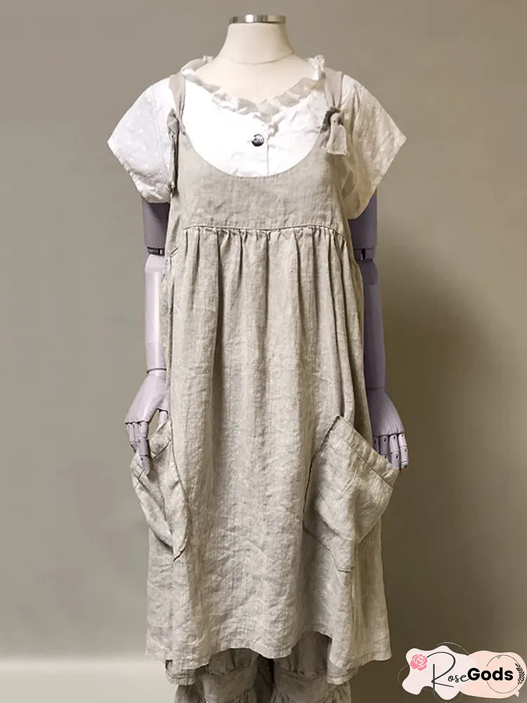 Gray Plain Spaghetti Sleeveless Cotton-Blend Weaving Dress