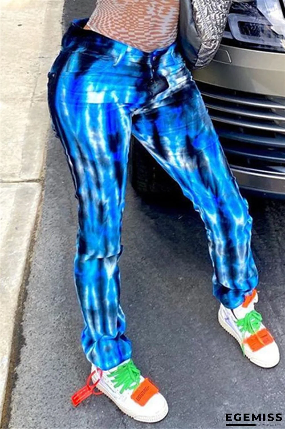Blue venetian Zipper Fly Mid Print Zippered Straight Pants Bottoms | EGEMISS