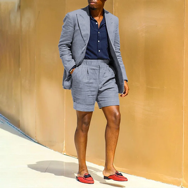 BrosWear Stylish Blue-Grey Blazer And Shorts Two-Piece Set