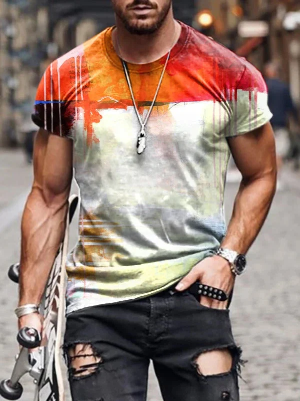 Flowing Paint Printed Round Neck Loose T-shirt