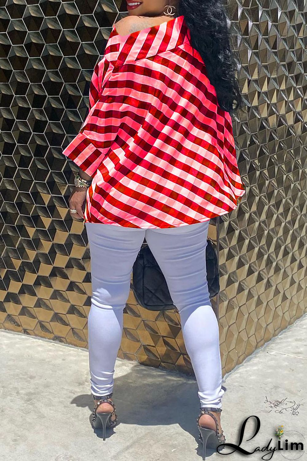 Black Casual Plaid Print Patchwork Asymmetrical Oblique Collar Tops