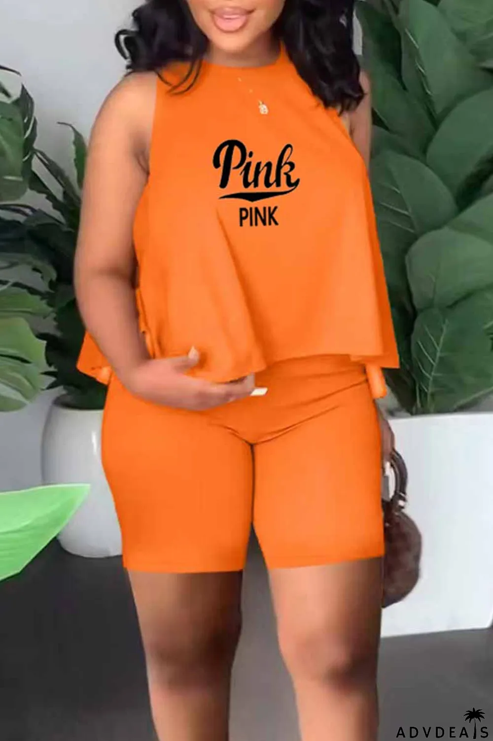 Orange Casual Print Letter O Neck Sleeveless Two Pieces