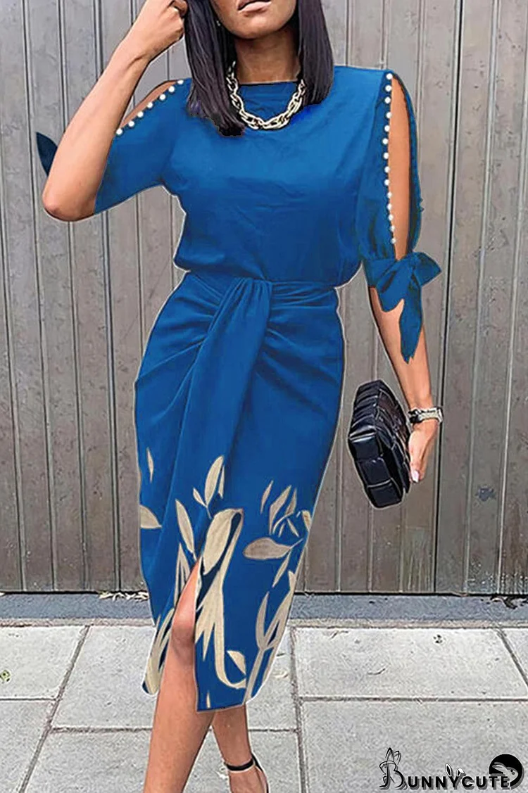 Navy Fashion Casual Print Hollowed Out Fold O Neck Dresses