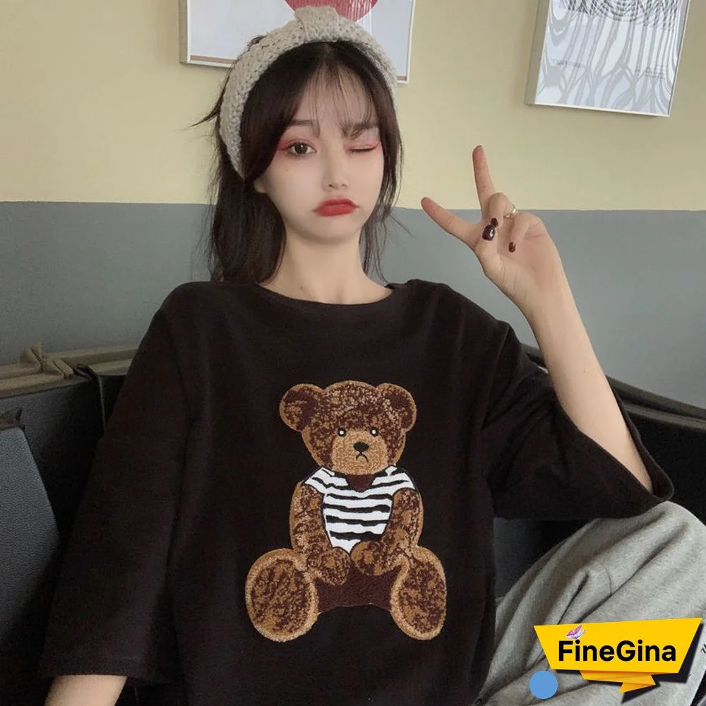 Harajuku Streetwear Oversized Women Tshirts Korean Cute Bear Half Sleeve Loose T-Shirt Fashion Casual Tees Summer Couple Clothes