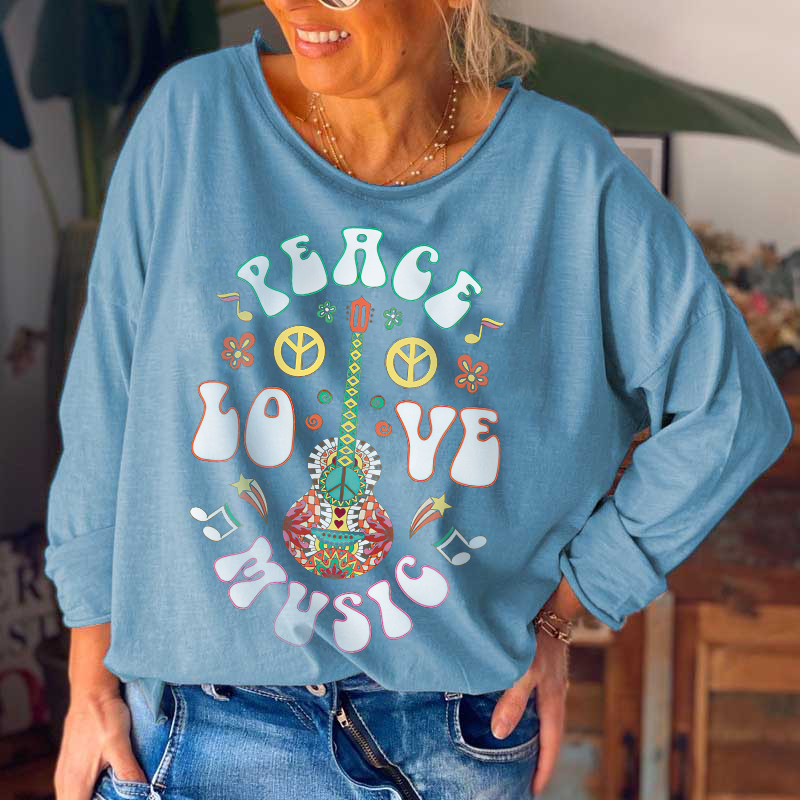 Peace Love Music Hippie Guitar Printed Crew Neck T-shirt